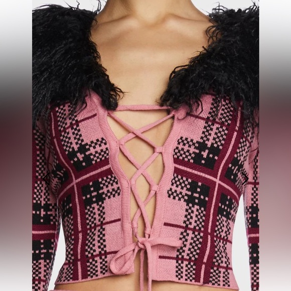 The Ragged Priest Pink Plaid Cardigan Sweater with Black Faux Fur - Picture 8 of 10
